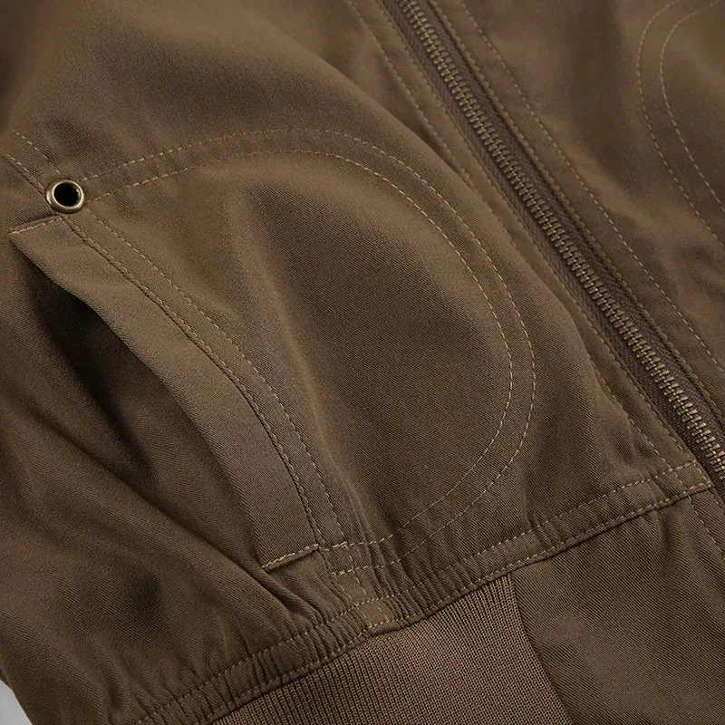 Vintage Y2K Brown Crop Bomber Jacket Turtleneck Zip-Up Fall Winter Coat