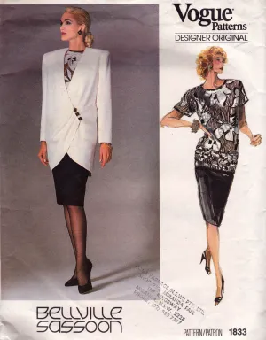 Vogue Designer Original 1833 BELLVILLE SASSOON Womens Skirt Top & Tulip Shaped Jacket 1980s Vintage Sewing Pattern Size 12 UNCUT Factory Folded