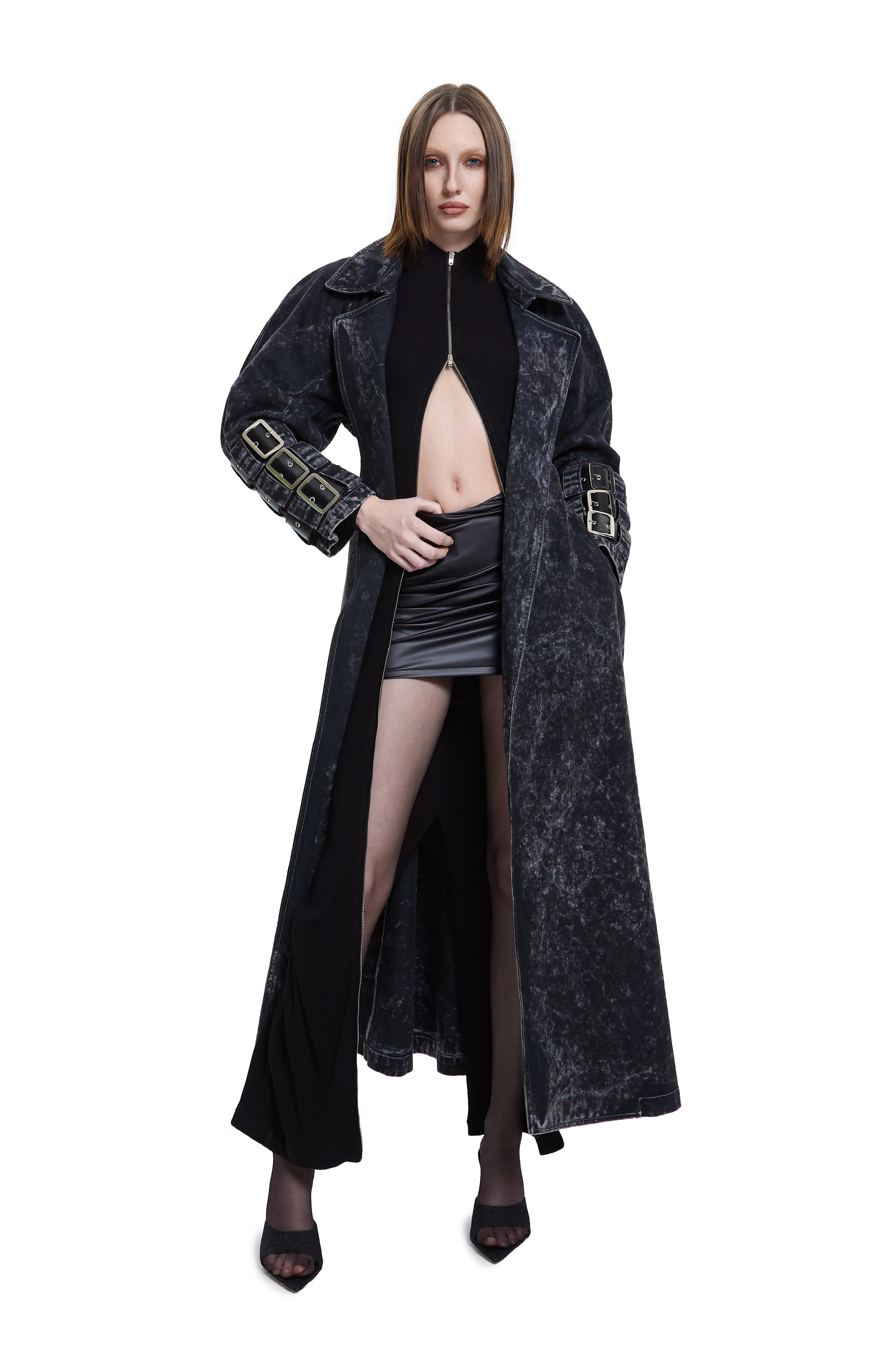 Voidwalker Trench Coat in Black Acid Wash