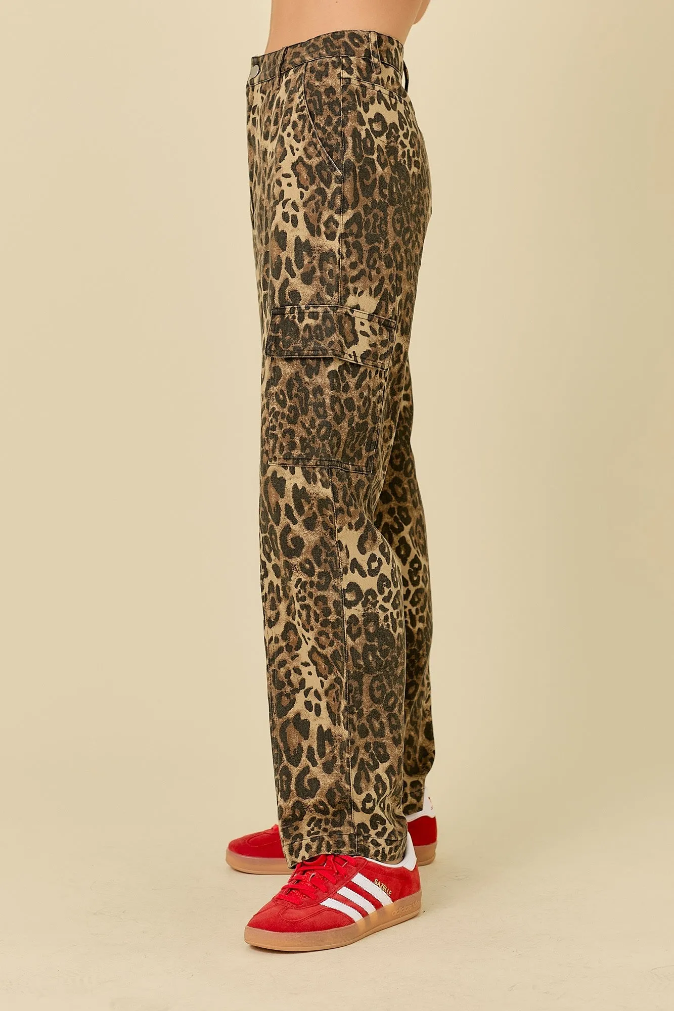 WASHED LEOPARD DENIM STRAIGHT CARGO PANT