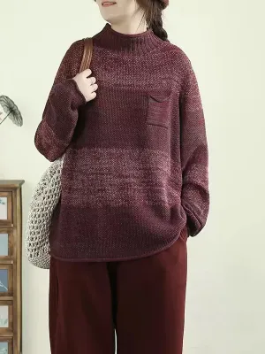 Women Autumn Artsy Colorblock Stand Collar Knit Sweater