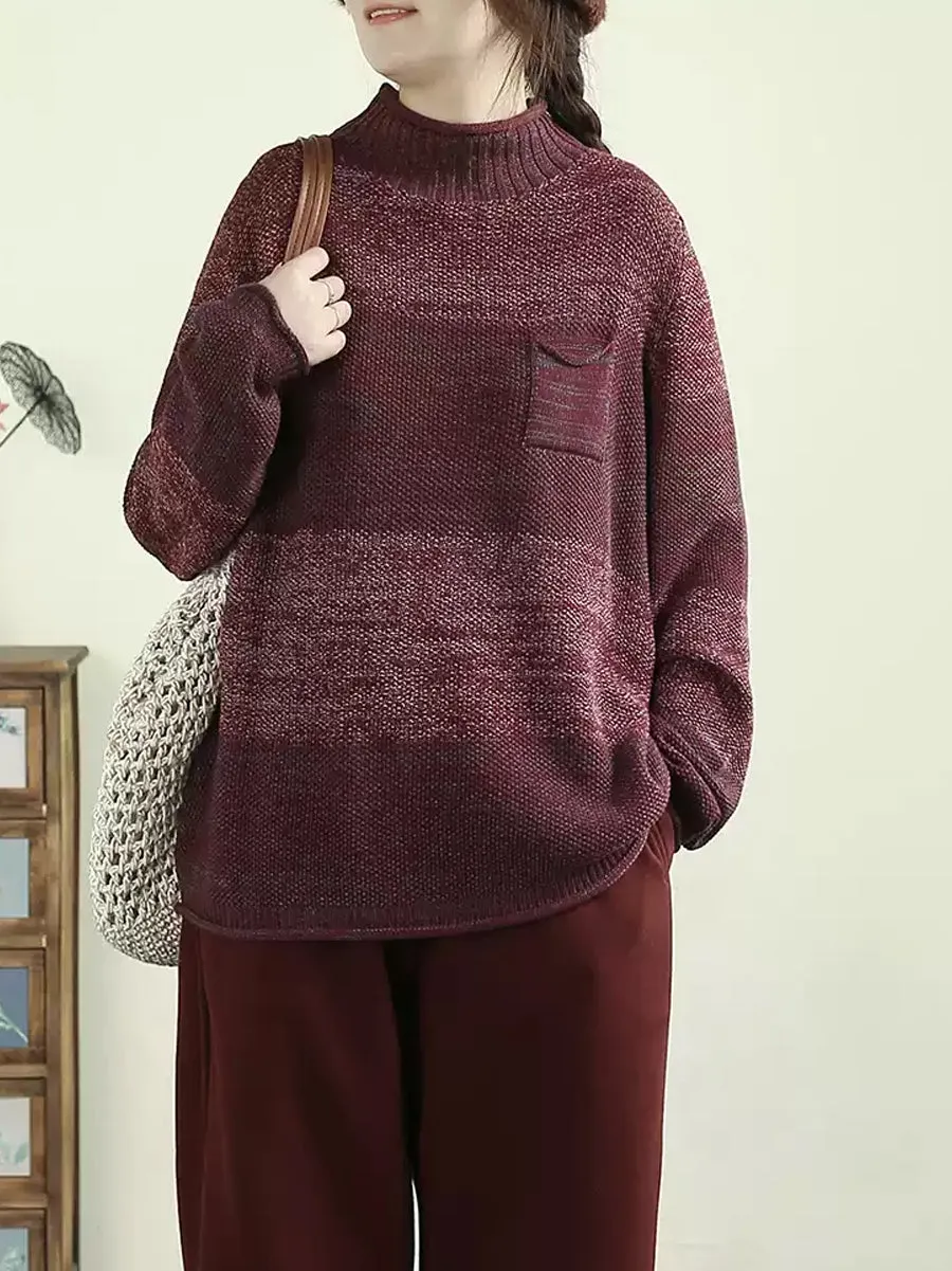 Women Autumn Artsy Colorblock Stand Collar Knit Sweater