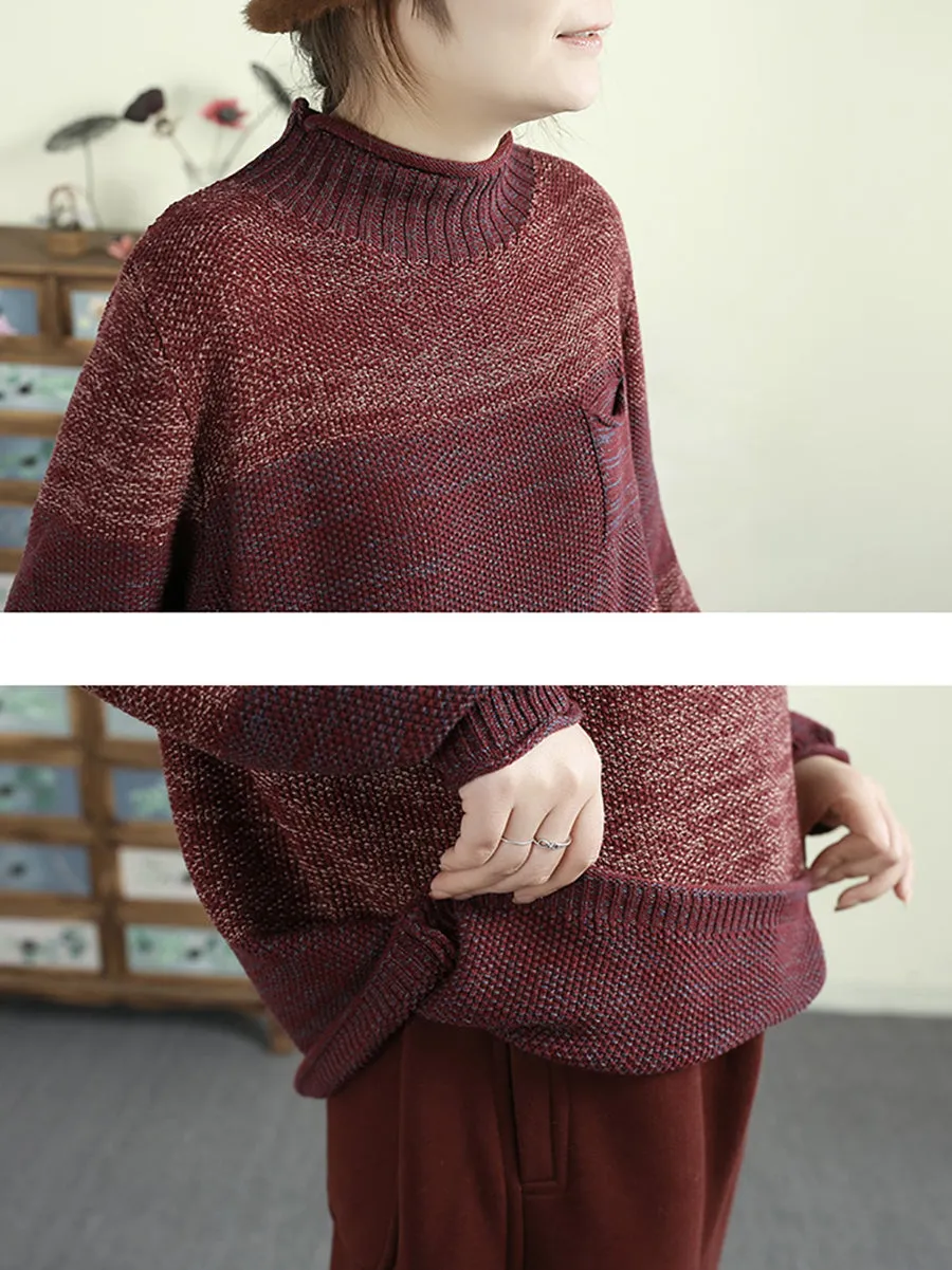 Women Autumn Artsy Colorblock Stand Collar Knit Sweater