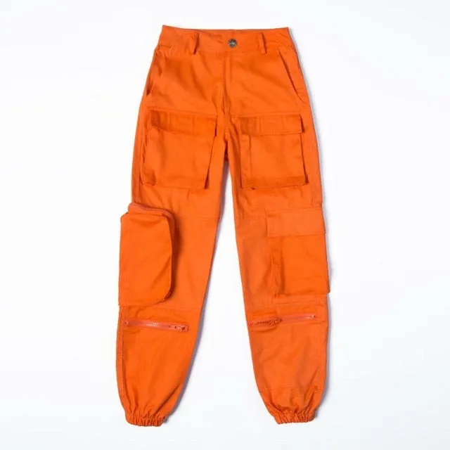 Women Black/ Orange/ Blue Cargo Pants Loose Pockets Baggy Trousers Casual Streetwear