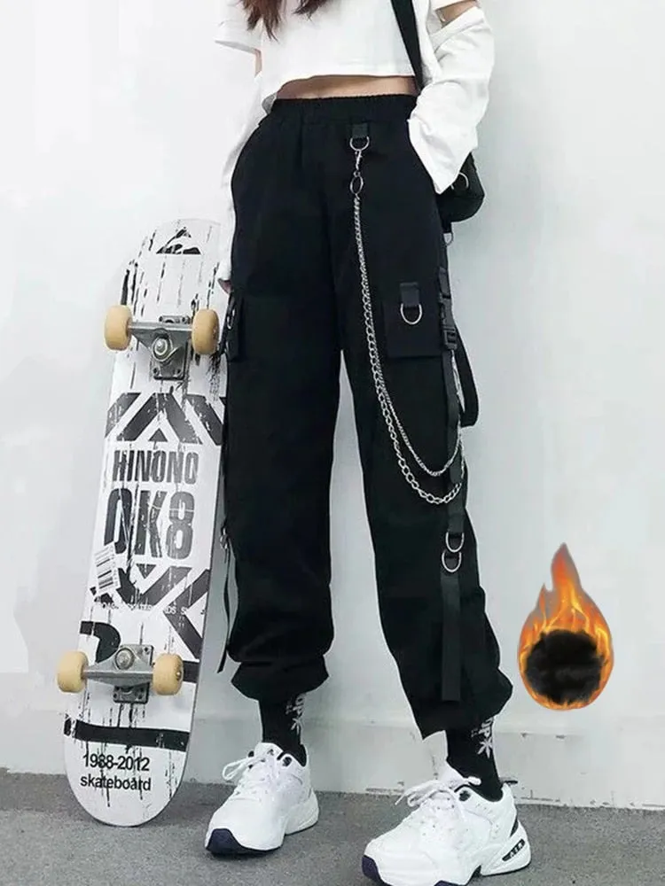 Women Cargo Pants Harem Pants Fashion Punk Pockets Jogger Trousers With Chain Harajuku Elastics High Waist Streetwear