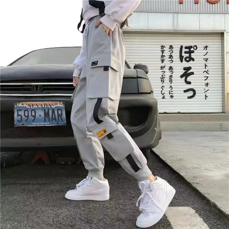 Women Cargo Pants Harem Pants Fashion Punk Pockets Jogger Trousers With Chain Harajuku Elastics High Waist Streetwear
