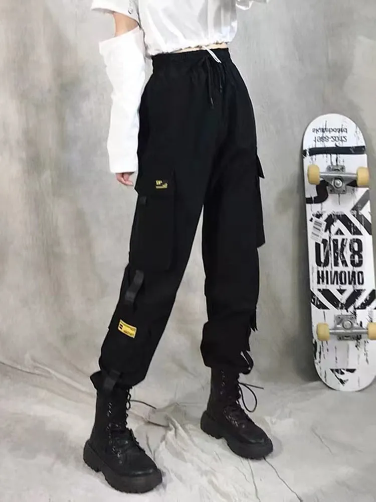 Women Cargo Pants Harem Pants Fashion Punk Pockets Jogger Trousers With Chain Harajuku Elastics High Waist Streetwear