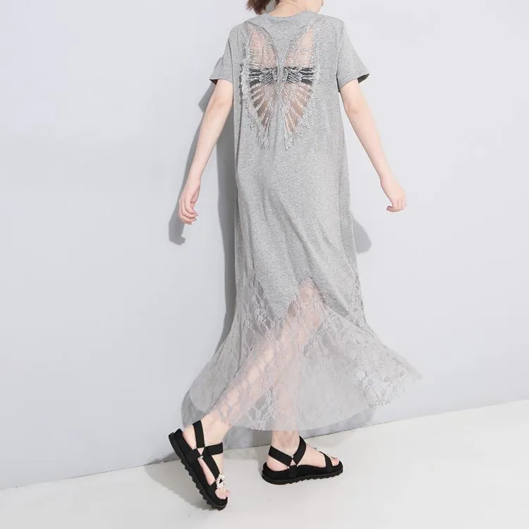 Women Hollow Out Angel Wings Lace Short Sleeves Dresses