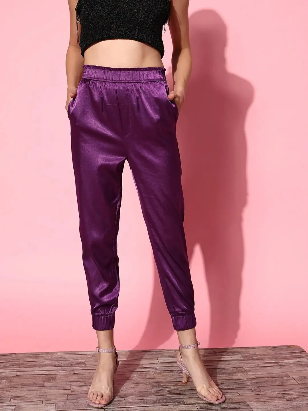 Women Purple Lycra Satin Bomber Jacket with Joggers