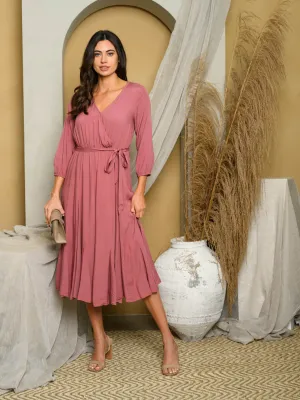 WOMEN'S 3/4 SLEEVE SURPLICE MIDI DRESS