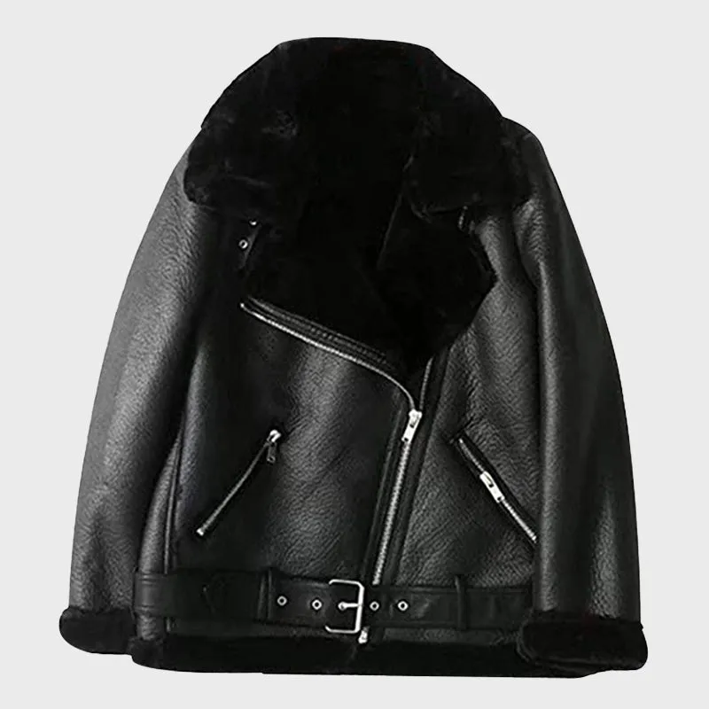Women's Black B-3 Sheepskin Leather Bomber Jacket