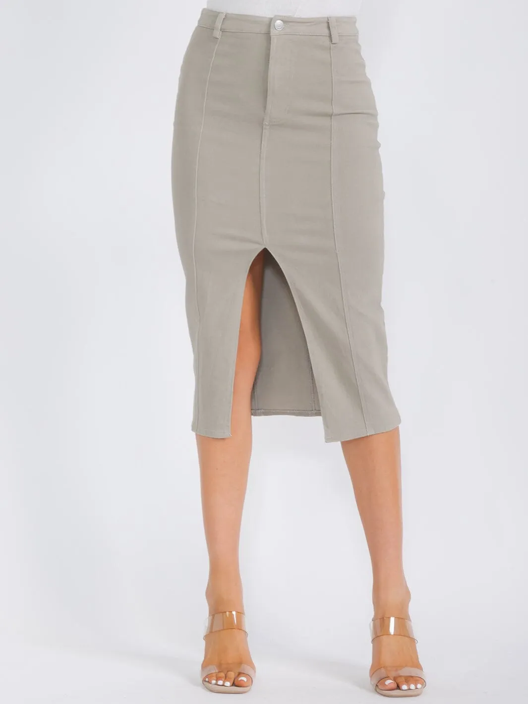 WOMEN'S BUTTON CLOSURE POCKETS DENIM MIDI PENCIL SKIRT