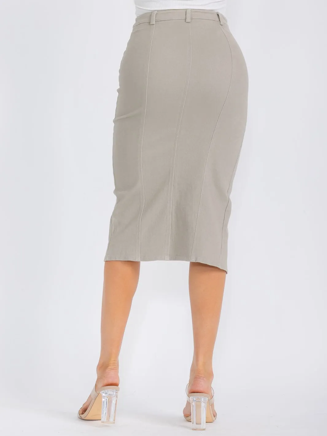 WOMEN'S BUTTON CLOSURE POCKETS DENIM MIDI PENCIL SKIRT