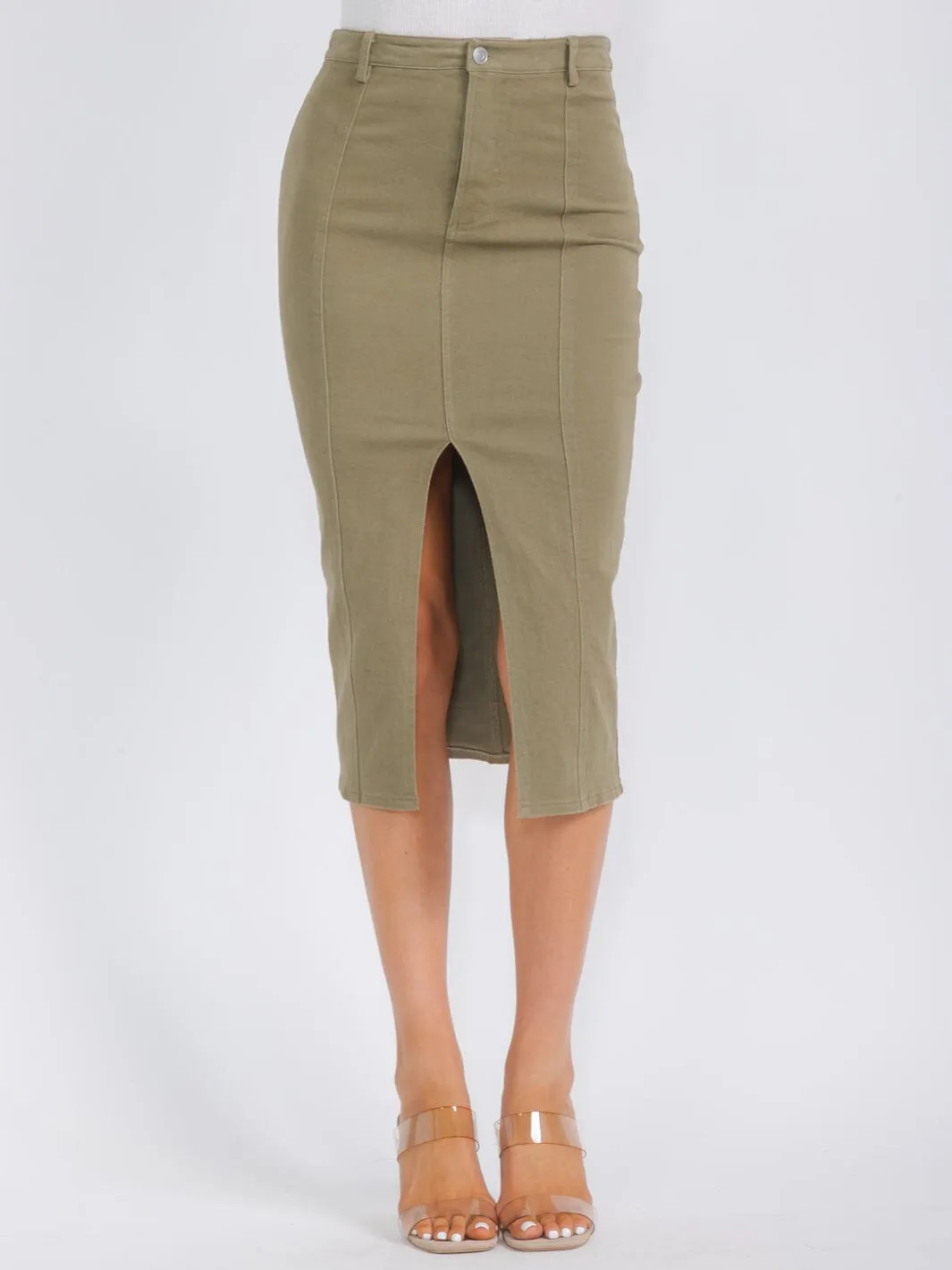 WOMEN'S BUTTON CLOSURE POCKETS DENIM MIDI PENCIL SKIRT