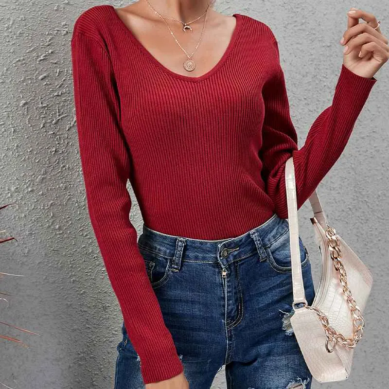 Women's Criss Cross V Neck Casual Sweater Knitted Loose Long Sleeve Backless Fashion Pullover Sweaters K320