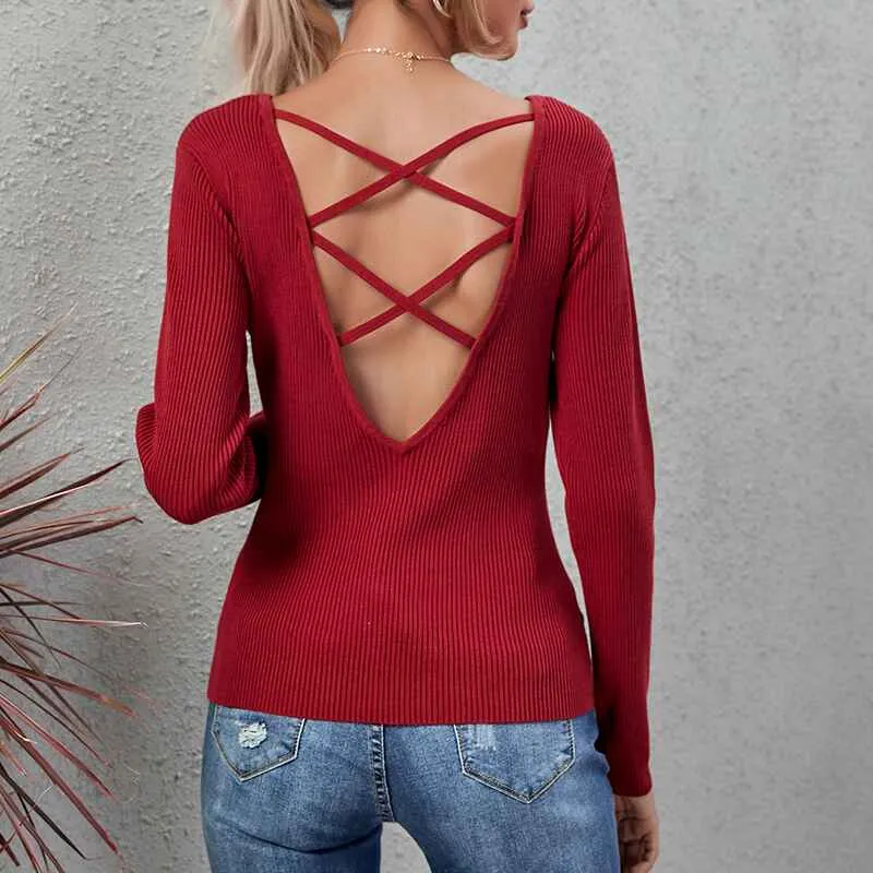 Women's Criss Cross V Neck Casual Sweater Knitted Loose Long Sleeve Backless Fashion Pullover Sweaters K320