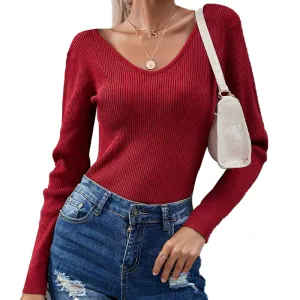 Women's Criss Cross V Neck Casual Sweater Knitted Loose Long Sleeve Backless Fashion Pullover Sweaters K320