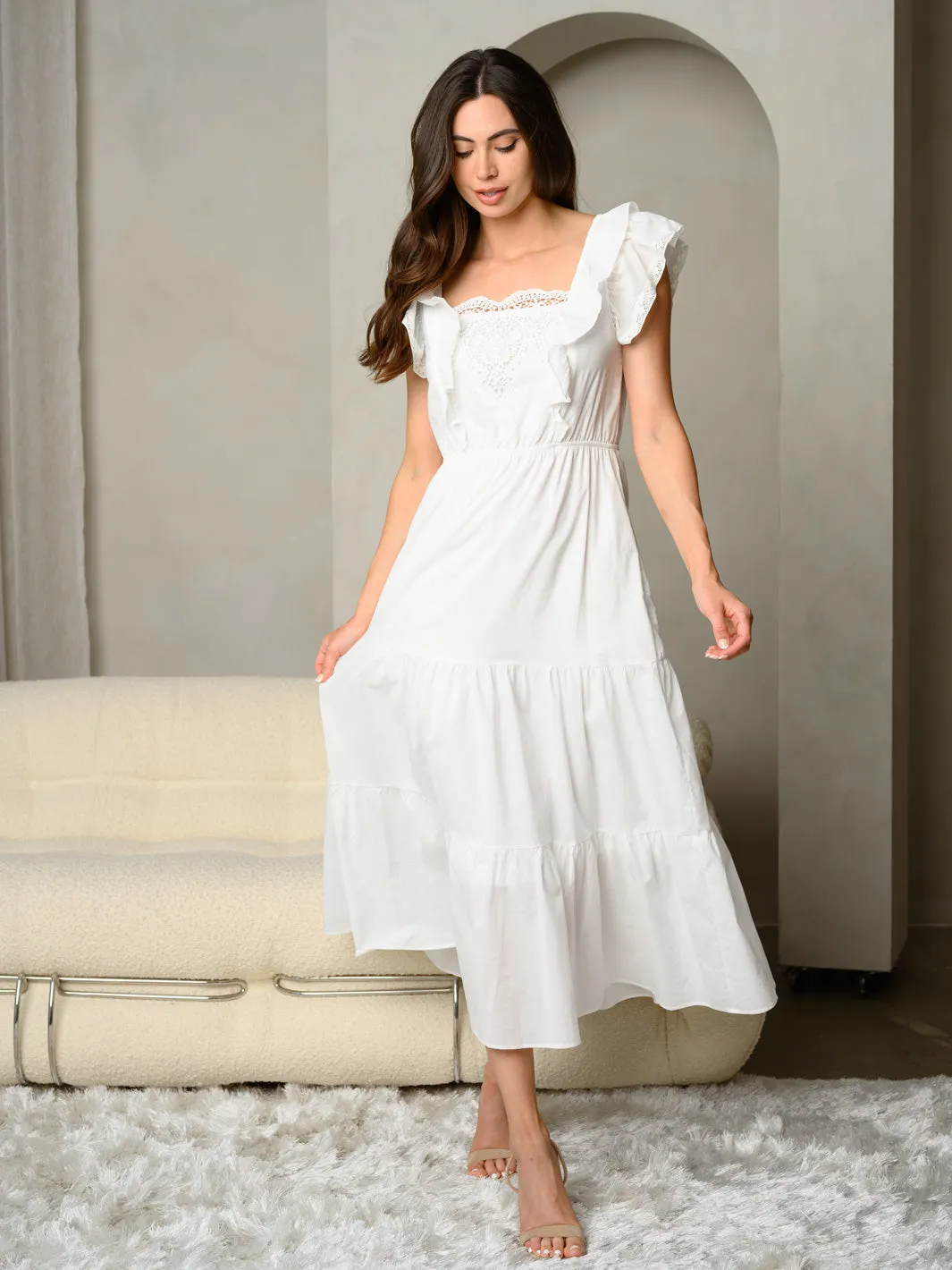 WOMEN'S CROCHET LACE FRONT DETAIL SHORT RUFFLE SLEEVE TIERED MAXI DRESS