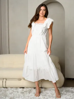 WOMEN'S CROCHET LACE FRONT DETAIL SHORT RUFFLE SLEEVE TIERED MAXI DRESS