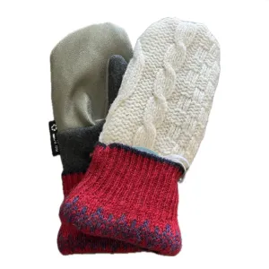 Women's Driving Mittens - Cream Cable Knit with Green Micro-Suede Palm - 104