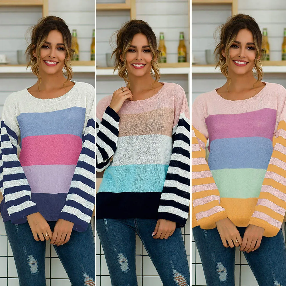 Women's Five-color Striped Stitching Long-sleeved Loose Knit Sweater Pullover