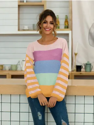 Women's Five-color Striped Stitching Long-sleeved Loose Knit Sweater Pullover