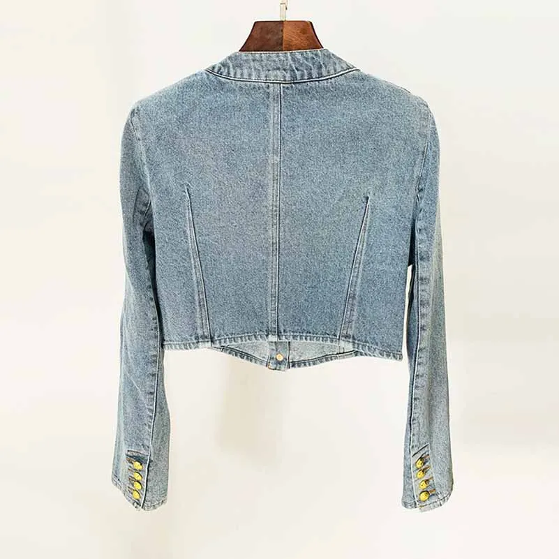 Women's Golden Lion Buttons Fitted Crop Denim Blazer Jacket Blue
