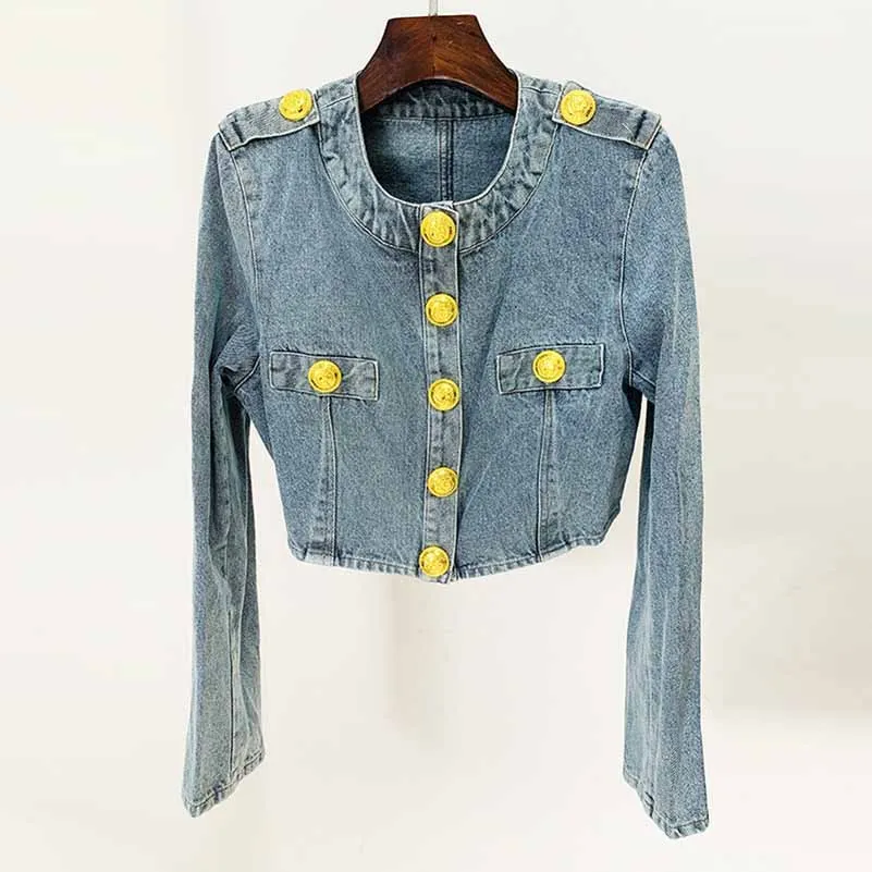Women's Golden Lion Buttons Fitted Crop Denim Blazer Jacket Blue