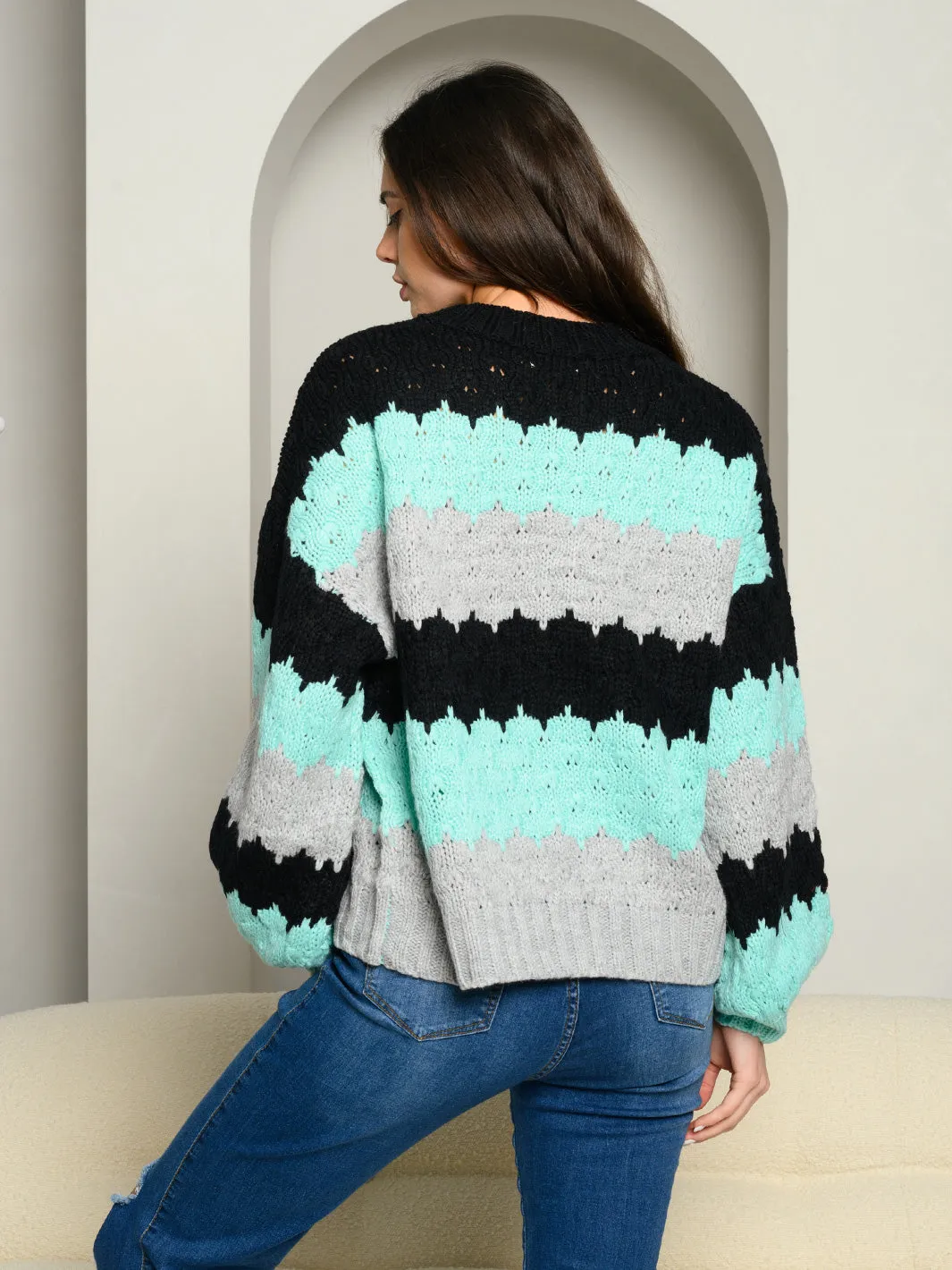 WOMEN'S LONG BALLON SLEEVES STRIPED COLOR BLOCK KNIT SWEATER