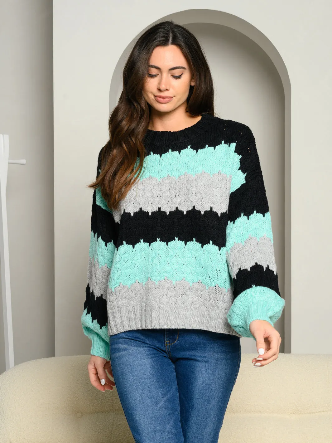 WOMEN'S LONG BALLON SLEEVES STRIPED COLOR BLOCK KNIT SWEATER