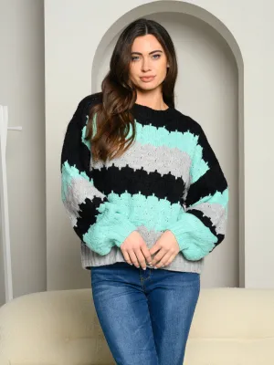WOMEN'S LONG BALLON SLEEVES STRIPED COLOR BLOCK KNIT SWEATER