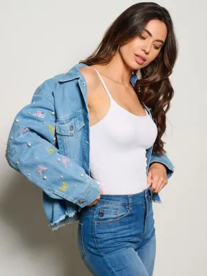 WOMEN'S LONG SLEEVE BUTTON CLOSURE BUTTERFLY PEARLS DENIM JACKET