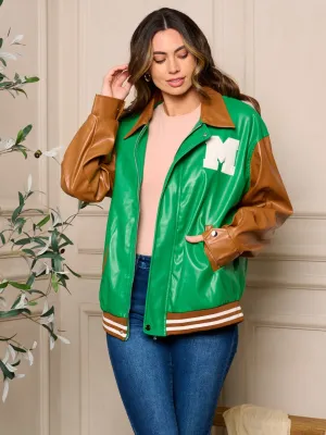 WOMEN'S LONG SLEEVE BUTTON CLOSURE COLORBLOCK PU PLEATHER JACKET