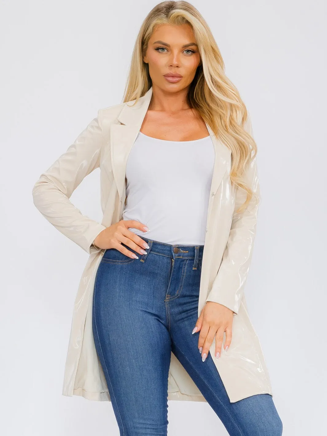 WOMEN'S LONG SLEEVE BUTTON CLOSURE PU PLEATHER COAT