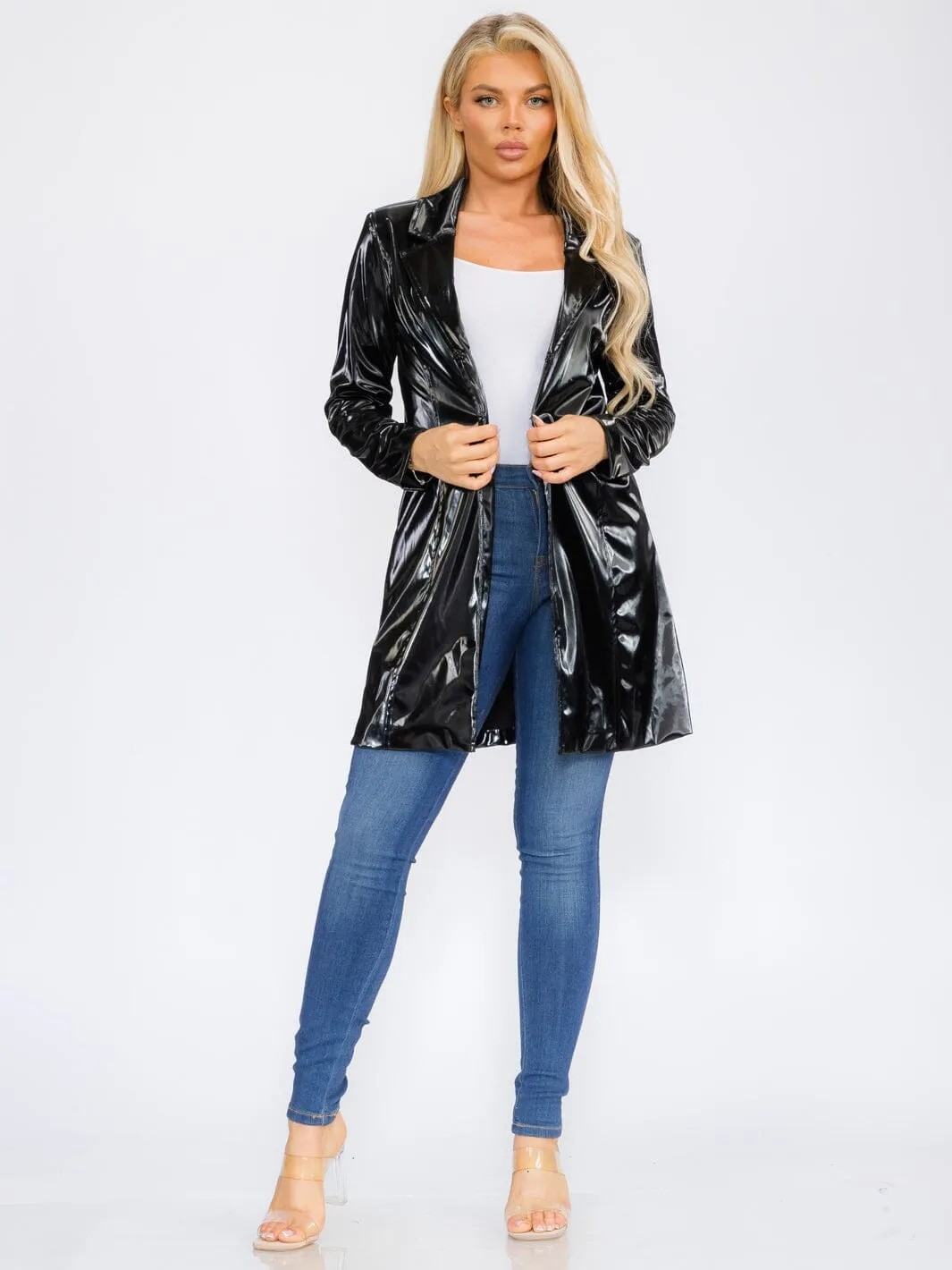 WOMEN'S LONG SLEEVE BUTTON CLOSURE PU PLEATHER COAT
