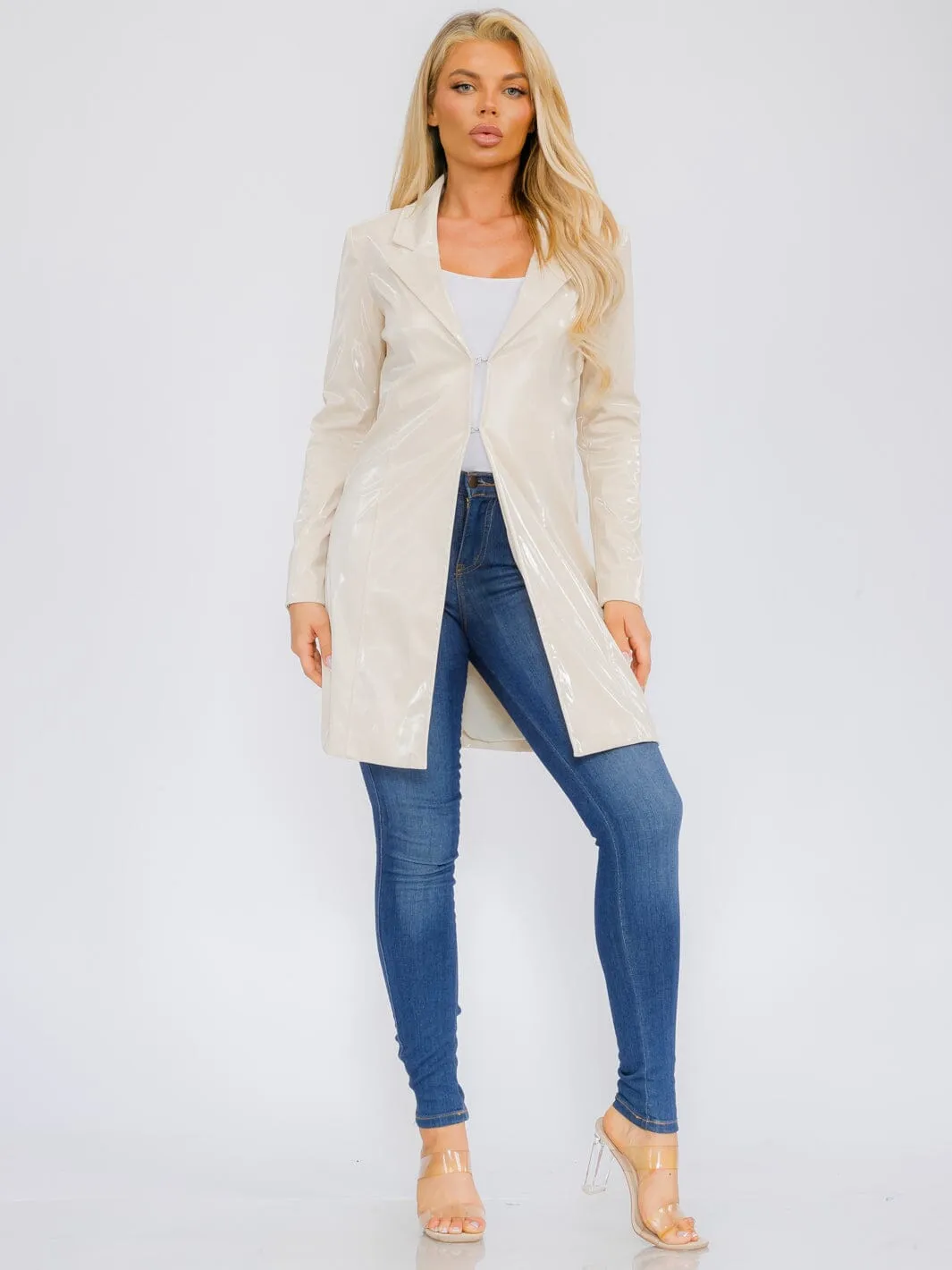 WOMEN'S LONG SLEEVE BUTTON CLOSURE PU PLEATHER COAT