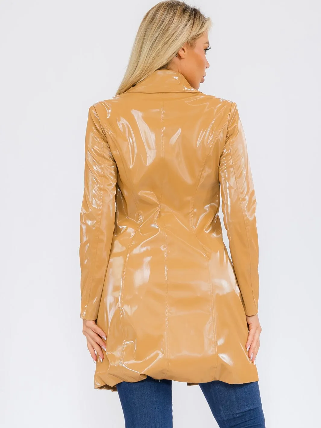 WOMEN'S LONG SLEEVE BUTTON CLOSURE PU PLEATHER COAT
