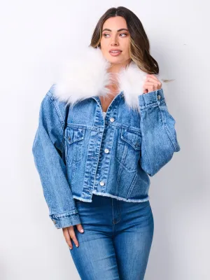 WOMEN'S LONG SLEEVE BUTTON CLOSURE REMOVABLE COLLAR DENIM JACKET