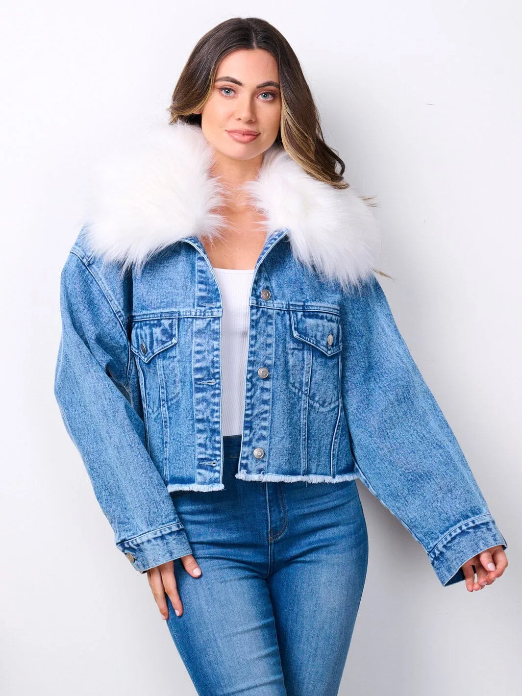 WOMEN'S LONG SLEEVE BUTTON CLOSURE REMOVABLE COLLAR DENIM JACKET