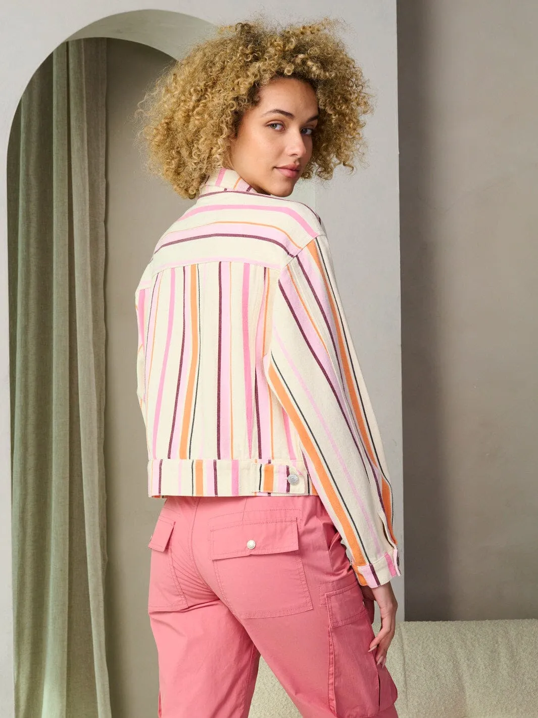 WOMEN'S LONG SLEEVE BUTTON CLOSURE STRIPES DENIM JACKET
