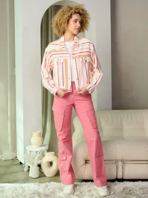 WOMEN'S LONG SLEEVE BUTTON CLOSURE STRIPES DENIM JACKET