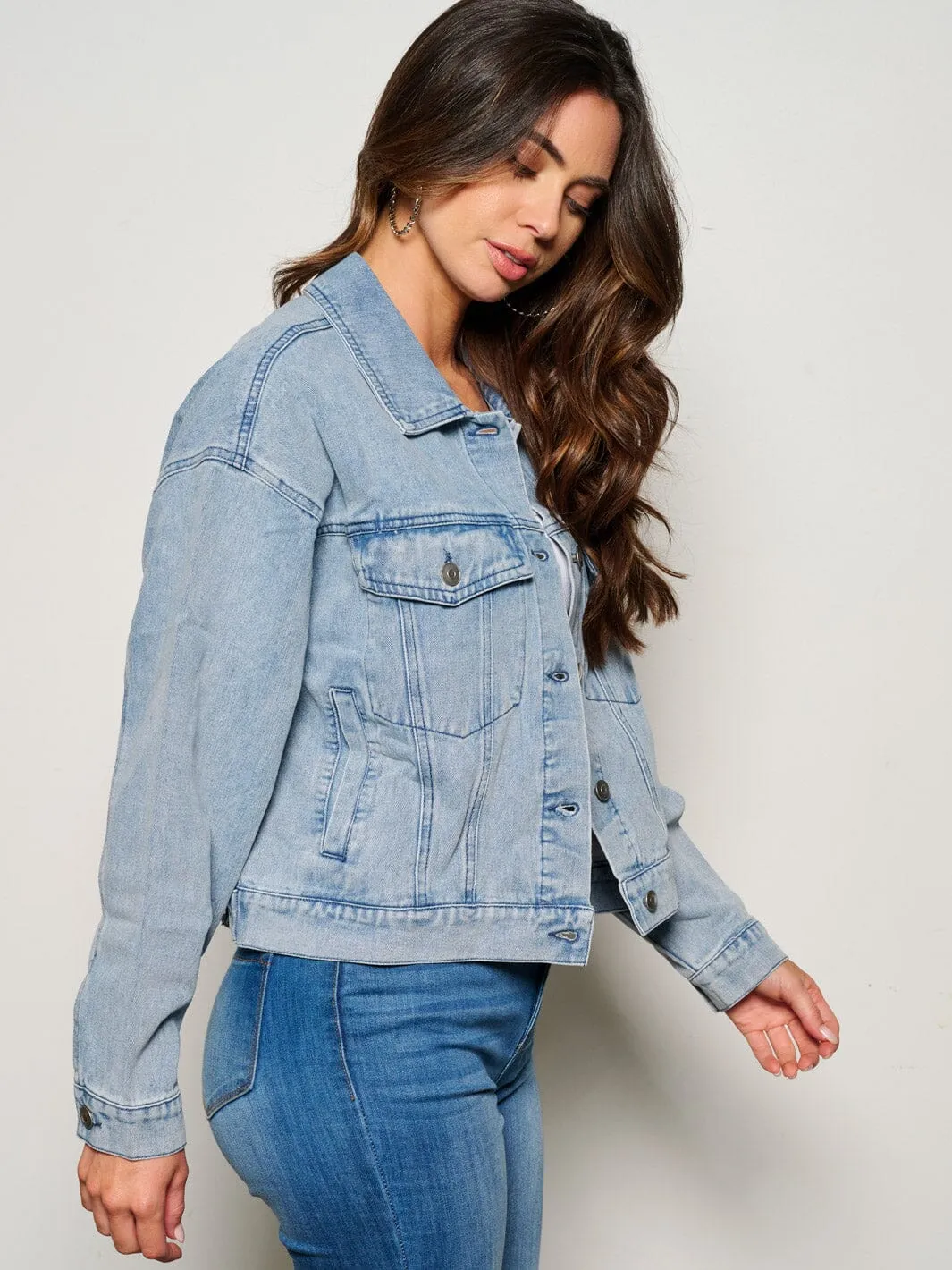 WOMEN'S LONG SLEEVE BUTTON CLOSURE STUDS GRAPHIC DENIM JACKET