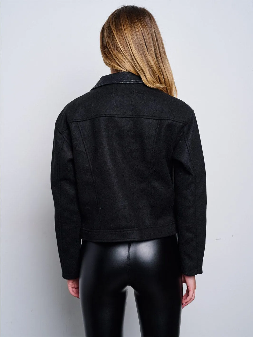 WOMEN'S LONG SLEEVE BUTTON UP PU PLEATHER DETAILED JACKET