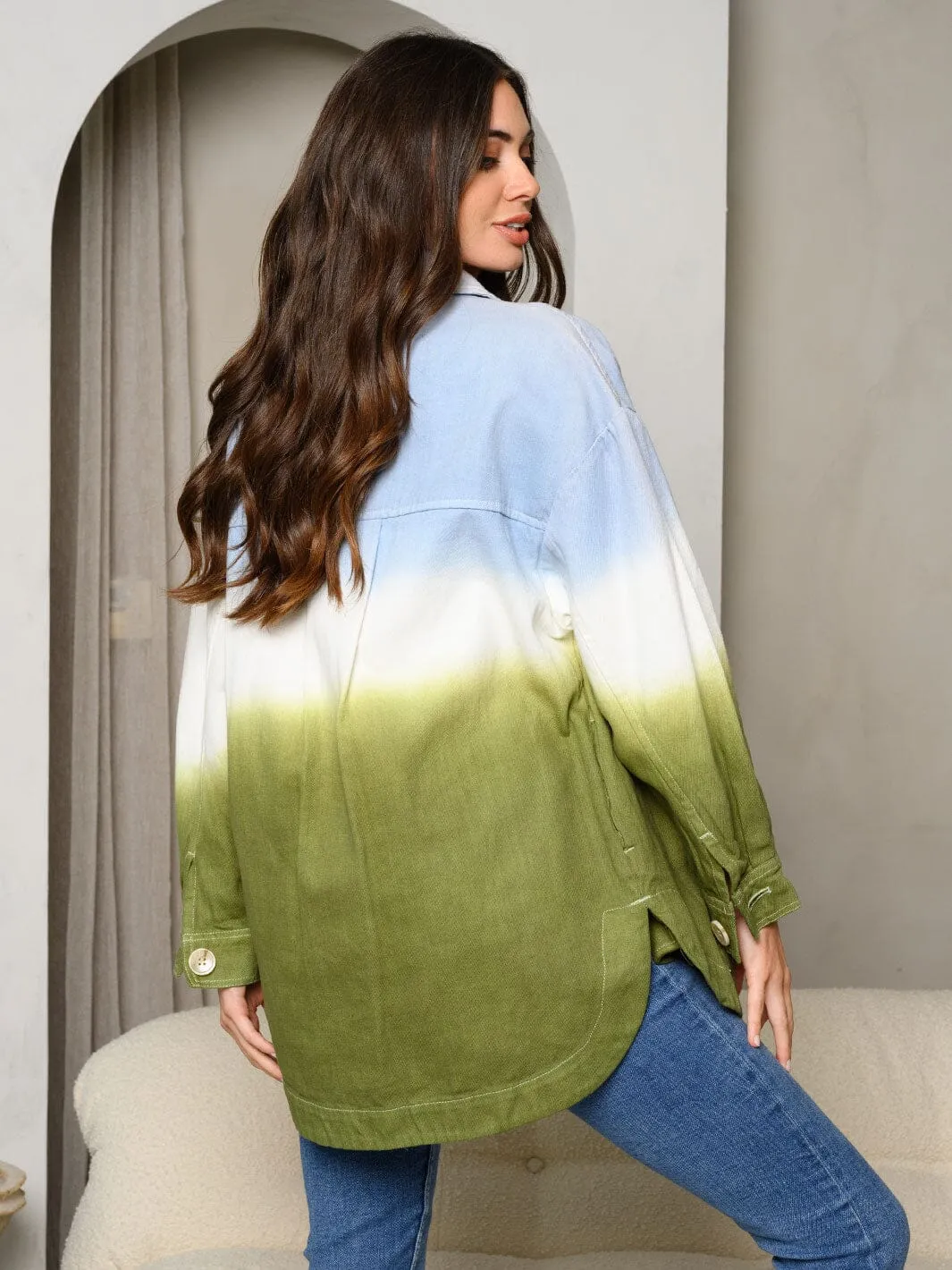 WOMEN'S LONG SLEEVE BUTTON UP TIE DYE DENIM JACKET