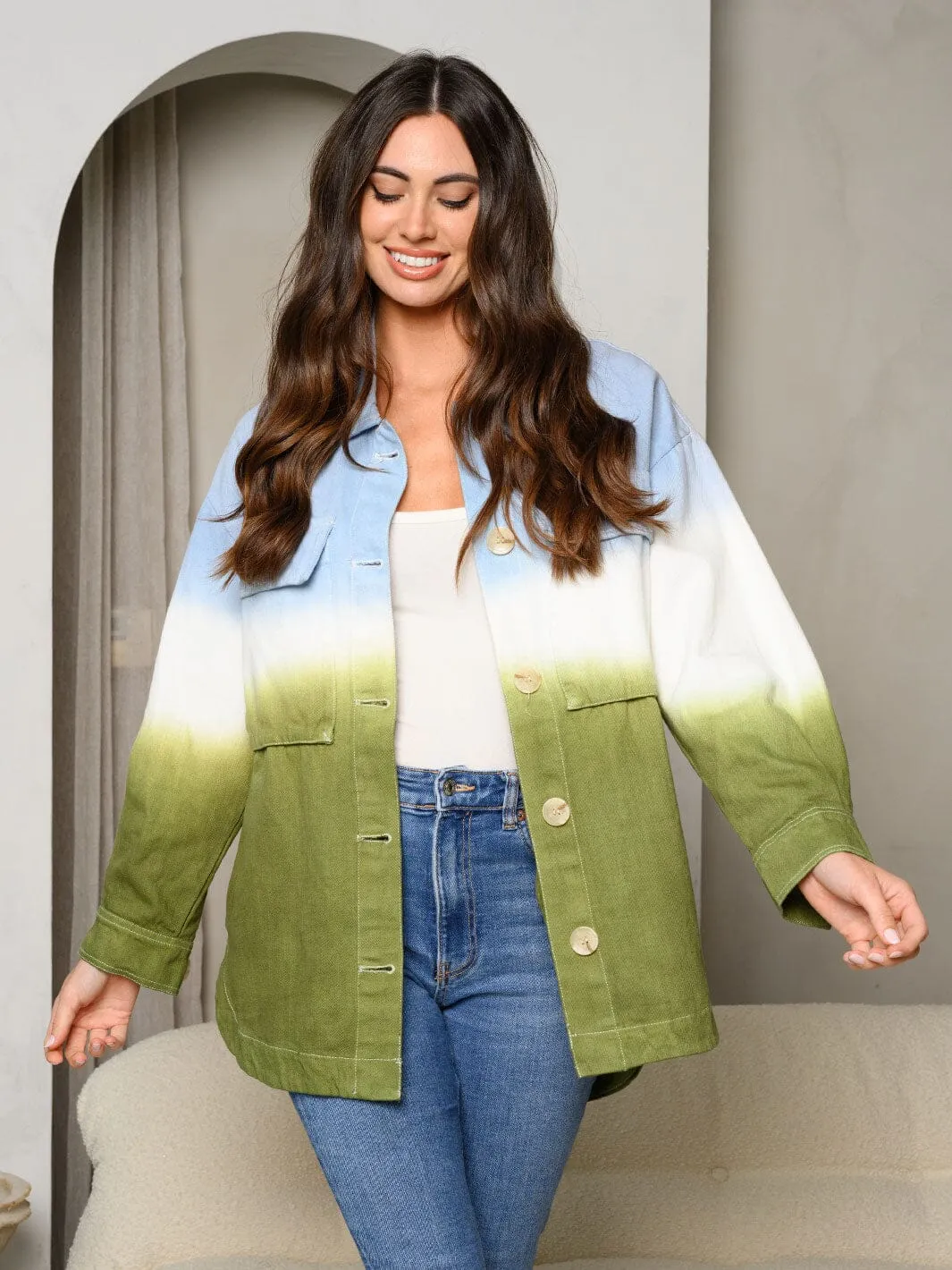 WOMEN'S LONG SLEEVE BUTTON UP TIE DYE DENIM JACKET