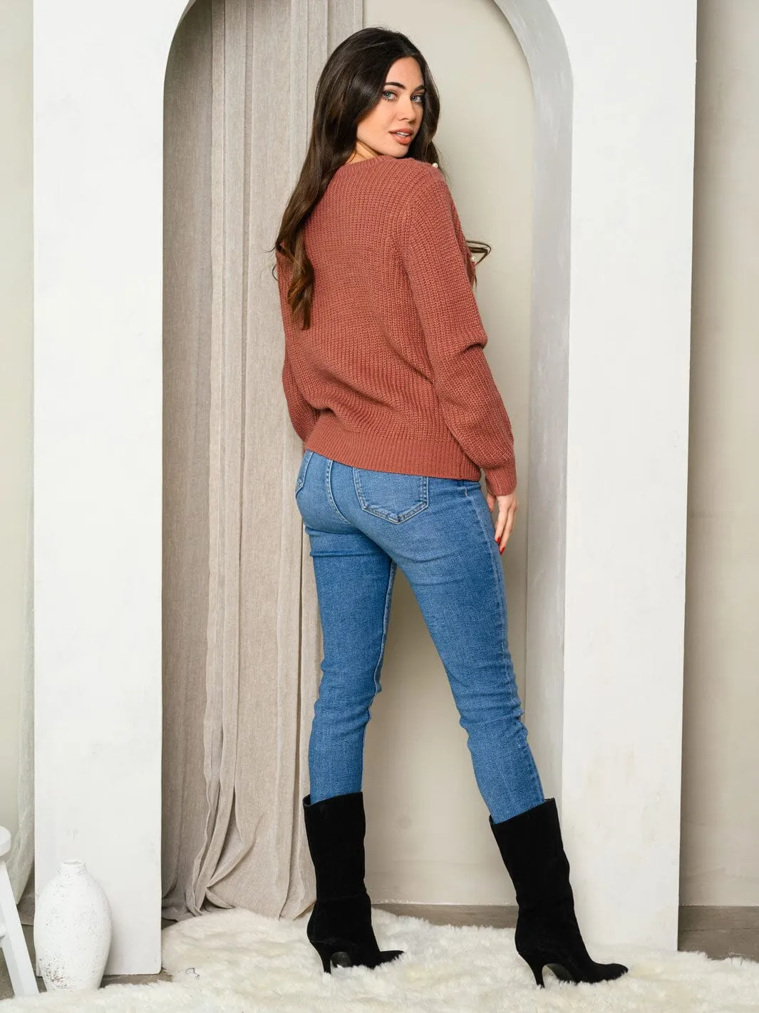 WOMEN'S LONG SLEEVE CABLE KNIT EMBELLISH SWEATER