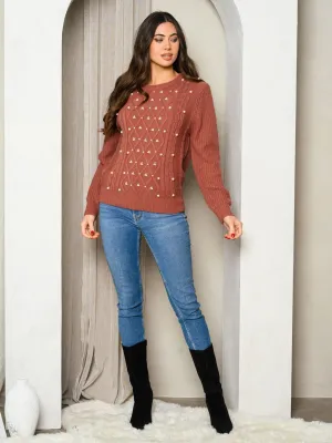 WOMEN'S LONG SLEEVE CABLE KNIT EMBELLISH SWEATER