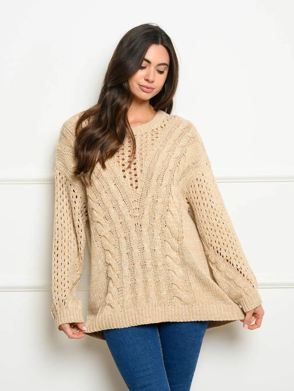 WOMEN'S LONG SLEEVE CABLE KNIT SWEATER