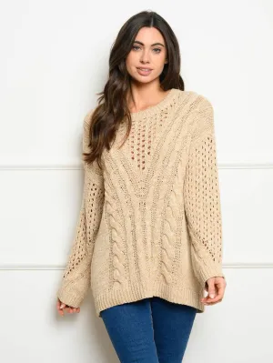 WOMEN'S LONG SLEEVE CABLE KNIT SWEATER