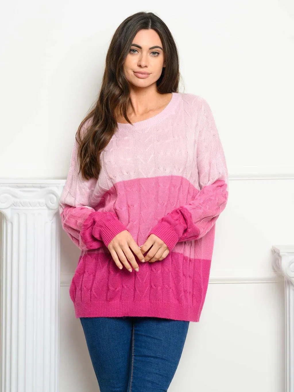WOMEN'S LONG SLEEVE COLORBLOCK CABLE KNIT SWEATER